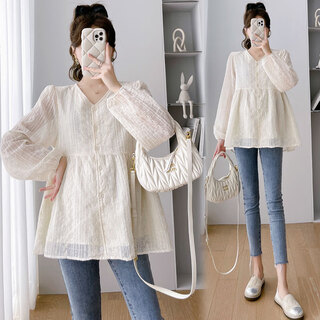 Maternity wear, spring and autumn maternity shirts, long-sleeved tops, loose spring and autumn mid-length butt-covering baby doll shirts, apricot m