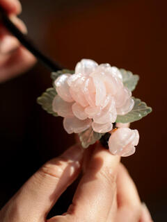 Wanbaozi antique pink peony flower ebony hairpin, forest style sweet meatball hairpin, cheongsam, cherry blossom pink hairpin, gift box