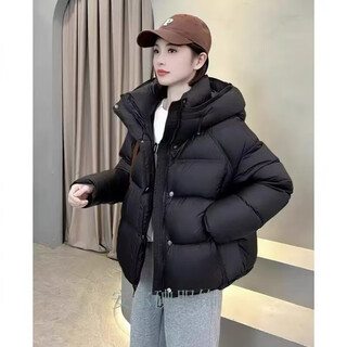 Warm winter duck down jacket women's short 2025 new soft waxy puff thickened warm fashionable duck down hooded loose winter jacket black s 90-130jin jin equals 0.5kg (bust 115, length 65)