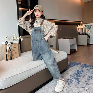 细仔码头儿童装女童牛仔背带裤套装中大童女孩运动休闲春秋装韩版潮酷炸街 衬衫套装 150