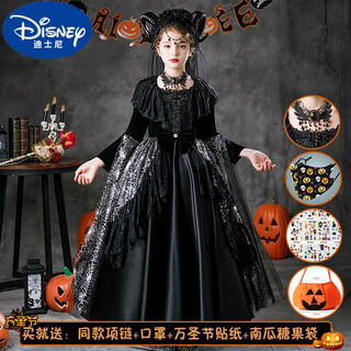 Disney halloween children's costume girls cosplay witch dress up girl little devil masquerade performance dress black rose devil dress necklace + halloween sticker + 150cm recommended for 10-11 years old