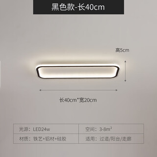 祎琳LED吸顶灯长方形过道走廊玄关阳台灯现代简约北欧极简卧室书房 黑色40*20长方-24W LED白光