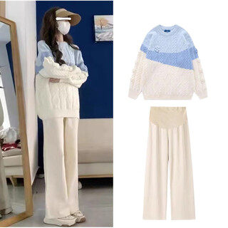 Ran qiqi maternity autumn and winter suit 2025 new small sweater fashionable western two-piece set autumn and winter knitted top top + spring and autumn apricot pants (set) m