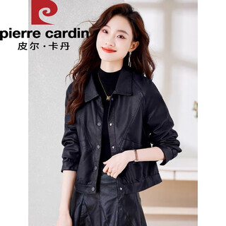 Pierre cardin leather jacket women's short spring and autumn 2025 new style fashionable small haining leather jacket brown pin black m