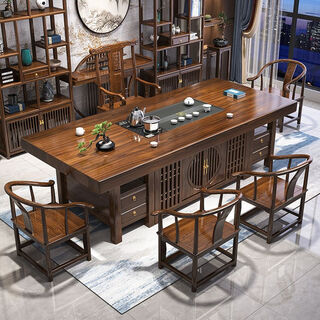 Solid wood large board tea table and chair combination, new chinese style office coffee table, zen tea-making table, tea table, one set, four drawers, 1.5 meters stone tray + 1 armchair, 4 crescents