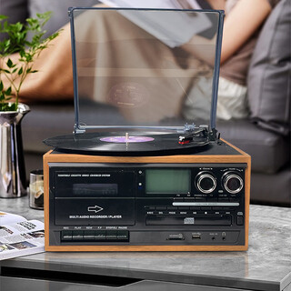 Heritage family tape player, vinyl cd all-in-one multi-functional antique tape player, vinyl record player, retro gramophone, bluetooth audio, home living room ornaments, vinyl tape all-in-one player, oak color (black panel)