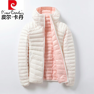 Pierre cardin 2025 autumn and winter new product lightweight short hooded reversible thin thin down jacket women's large jacket white and pink l