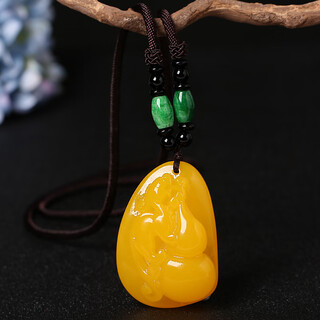 Ziweidai guaranteed official beeswax pendant old sweater chain water drop amber long necklace chicken oil yellow men and women ruyi gourd + jade braided rope