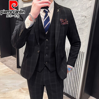 Pierre cardin new plaid suit men's autumn and winter casual business single small suit professional formal men's clothing black two-piece set 2019 1x09 m