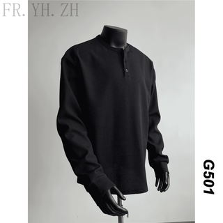 Fr.yh.zh2024 autumn versatile henry collar long-sleeved t-shirt men's casual sports waffle polo shirt t-shirt top black xl