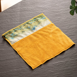 Porcelain brand tea set (cipaiming teaset) tea art tea towel home office tea set accessories double-sided water-absorbent tablecloth hand-knitted seam tea table towel <qianli jiangshan> yellow velvet tea towel-30*30