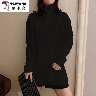 Woodpecker (tucano) turtleneck german velvet bottoming shirt for women with long sleeves and velvet thickening 2025 autumn and winter style inner mid-length t-shirt for women black black plus velvet xl 135-150jin jin is equal to 0.5 kg