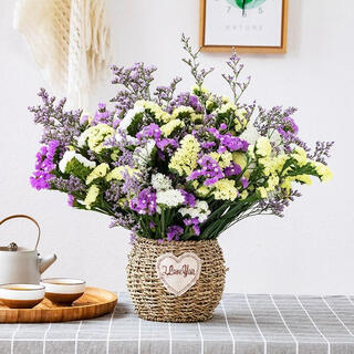 Aiman dried flower bouquet, living room flower arrangement, forget-me-not holiday gift, vase decoration, home bedroom graduation ceremony, light purple + yellow + white + grass, including round straw flower basket