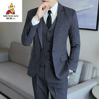 Scarecrow suit men's korean style business three-piece suit, formal fit, groomsmen's dress, plaid casual suit jacket, blue suit + vest + pants + shirt, free l