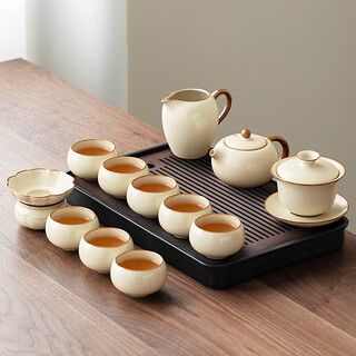 Tangfeng ru kiln kung fu tea set new light luxury high-end tea special teapot teacup cover bowl tea tray set qianchuan tea tray + suyu xishi pot 12 pieces