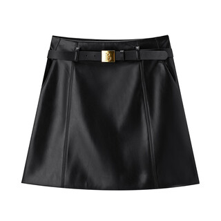 Peacebird women's skirt leather skirt fashionable texture spring and autumn women's versatile a-line skirt black xl