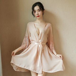 Feminine temptation transparent mesh nightgown thong set cardigan style lace home wear bathrobe robe + t pants