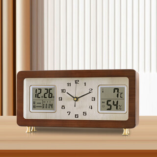 Combas solid wood desktop clock living room temperature and humidity perpetual calendar table clock brass leg clock 280 (32.5*17cm)