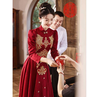 Yingwen toast clothing bride new chinese style 2024 new wedding xiuhe clothing long-sleeved red dress skirt women's cheongsam autumn and winter wine red 2xl (recommended 126-135 jin jin equals 0.5 kg)