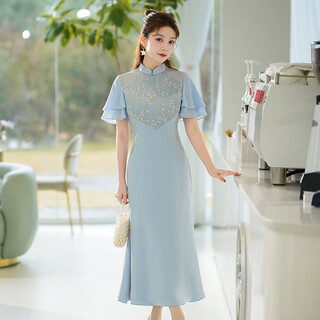 Xiuguan tang lanmeng 2025 summer new imitation acetate lace improved long national style new chinese style cheongsam skirt blue m