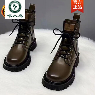 Woodpecker brand broken code special price genuine leather martin boots women's 2025 autumn and winter british style anti-slip thick sole versatile breathable short boots khaki velvet 38
