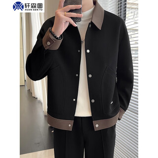 Xuan sentu spring and autumn men's light mature style jacket coat men's loose large size stitching contrast color top fat man looks slim matching jk505 black jacket l (170) recommended 120-140 jin jin is equal to 0.5 kg