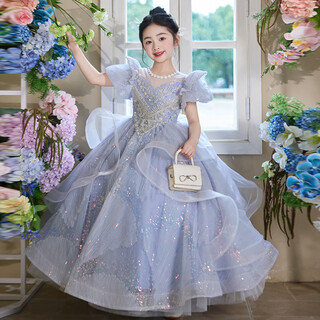 Simiaoxing girls evening dress children's birthday party princess dress flower girl little girl host piano catwalk performance dress summer sky blue 130