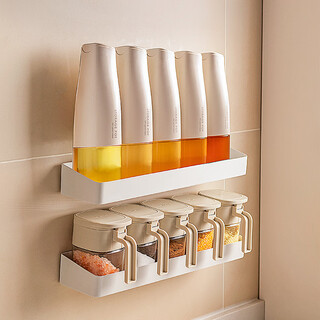 Modern housewife kitchen oil pot and seasoning combination set wall-mounted seasoning bottle storage box seasoning storage rack wall-mounted double-layer style 10-piece seasoning set - seasoning jars*4+oil pot*4+storage rack*2