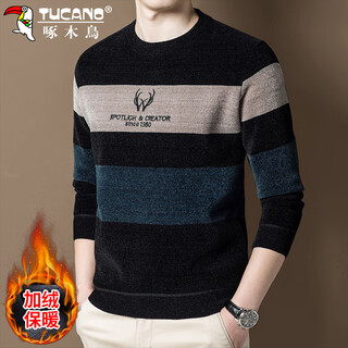 Woodpecker (tucano) sweater men's autumn and winter velvet thickened warm sweater men's trendy slim casual bottoming shirt blue xl