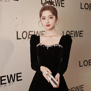Libaixin black evening dress for women 2025 new style light luxury high-end temperament annual meeting adult ceremony velvet autumn and winter long-sleeved dress black s