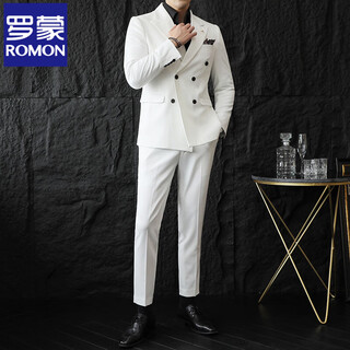 Romon spring and autumn off-white double-breasted suit for men, slim, handsome, casual, small suit jacket style, white (jacket + pants) m