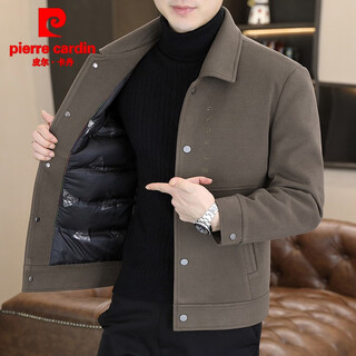 Pierre cardin woolen coat men's short thickened woolen coat men's winter white duck down lining lapel jacket men's khaki 2xl