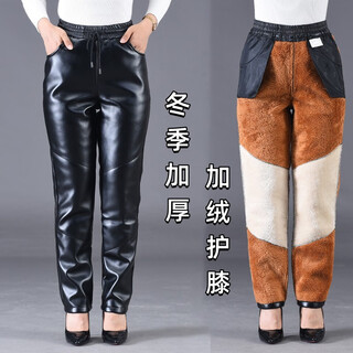 Jinghe autumn and winter loose leather pants for middle-aged and elderly mothers to wear as outerwear, high-waisted, straight-leg pu plus velvet knee pads, windproof and warm, winter style (thick knee pads), 32 yards, 2 feet 5 (suitable for 120-130 jin jin equals 0.5 kg)