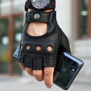 Lootis noolders men's half-finger retro driving deerskin gloves retro motorcycle riding driving gloves half thin black m size