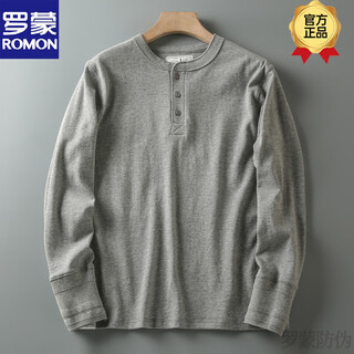 Romon spring and autumn new american casual henley shirt men's retro simple versatile solid color daily long sleeve t-shirt basement gray l