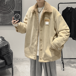Poum coat men's jacket spring and autumn lamb wool plus velvet thickened trendy brand cotton jacket corduroy jinjiang cotton top clothes ltt-7862 khaki xl