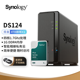 群晖（Synology）DS124NAS搭配1块4TB群晖HAT3300硬盘套装