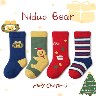 Nido bear children's socks winter thickened terry socks warm baby mid-calf socks autumn and winter w1091 christmas terry 4 pairs june-december (suitable for feet 9-11cm long)