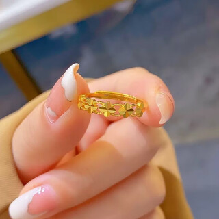 Zhijue's new 999 solid gold four-leaf clover ring 24k gold plain ring pure gold open glossy ring 0.01g four-leaf clover open ring