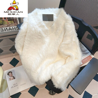 Scarecrow french sweet and gentle wind soft waxy plus velvet v-neck sweater for men and women winter milk fufu thickened sweater jacket white one size