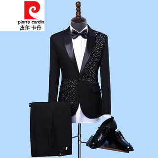 Pierre cardin performance clothing men's clothing brothers sequin suit suit choir host clothing stage dress suit plus size autumn black 1 jacket + pants + bow tie 180/xl suitable for weight 170jin jin equals 0.5 kg, left and right wear