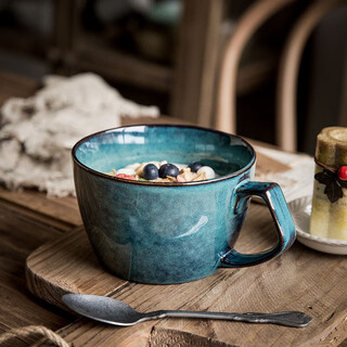 Youcci sydney blue large capacity cup home oatmeal cup retro blue breakfast cup home large ceramic mug sydney blue series-single ear noodle cup