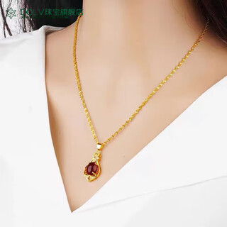 Fat donglai's same 18k gold longevity lock yellow necklace female color clavicle chain pendant 2022 new valentine's day ruby drop necklace