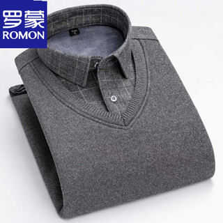 Romon 2025 autumn and winter velvet thickened fake two-piece shirt men's pullover sweater warm base sweater - bn977 gray plus velvet thickened 4xl (180-200jin jin is equal to 0.5 kg)