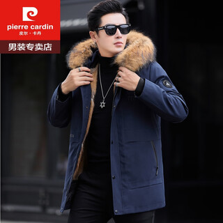 Pierre cardin's new winter clothing men's mid-length parka fur all-in-one coat genuine mink fur lining thickened fur coat navy yellow raccoon fur collar m 170