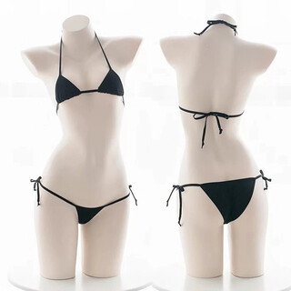 Japanese ultra-small bikini set three-point sexy underwear bra panty straps ultra-low waist panties triangle black one size