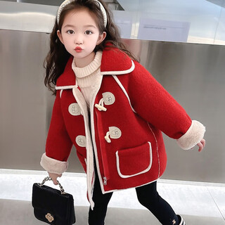 Annoying star girls' woolen jacket autumn and winter new style western style children's velvet thickened top winter clothes little girl's new year's clothing woolen jacket red 130 (120-130cm recommended)