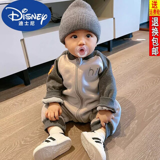 Disney velvet warm pure cotton baby jumpsuit for boys and girls spring autumn and winter newborn toddler baby clothes pajamas jacket gray rainbow bear velvet 80