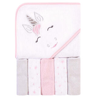 Hudson baby hooded bath towel set, soft and absorbent, pink unicorn, 6 pieces