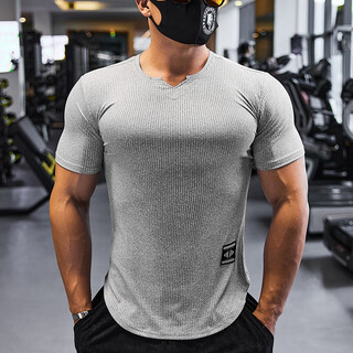 Lutielang coach fitness clothes slim stretch men's muscle training sports quick-drying short-sleeved t-shirt gray xxl